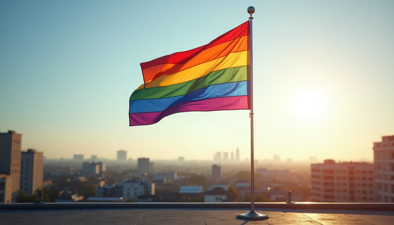 grand drapeau arc-en-ciel flottant sur un toit dans le ciel matinal a Mulhouse