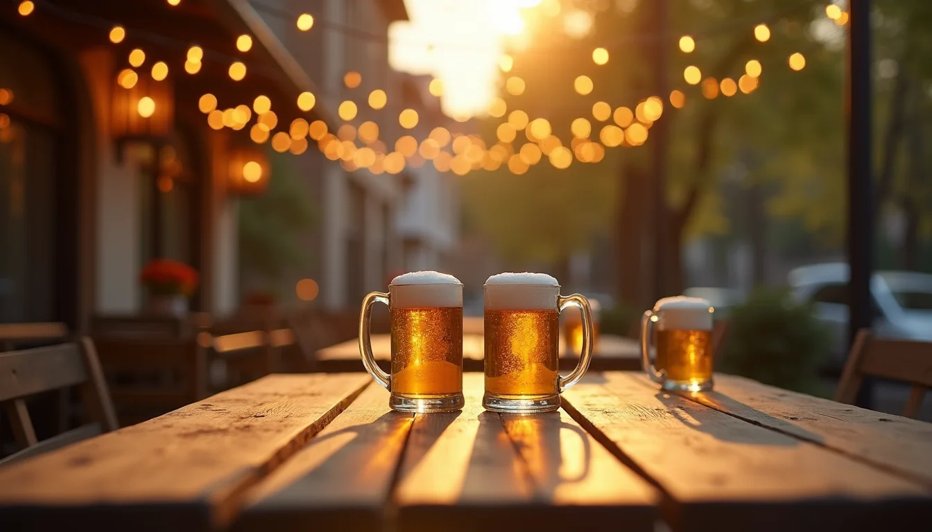 table de terrasse à bière, chopes vides et guirlandes dorées a Mulhouse