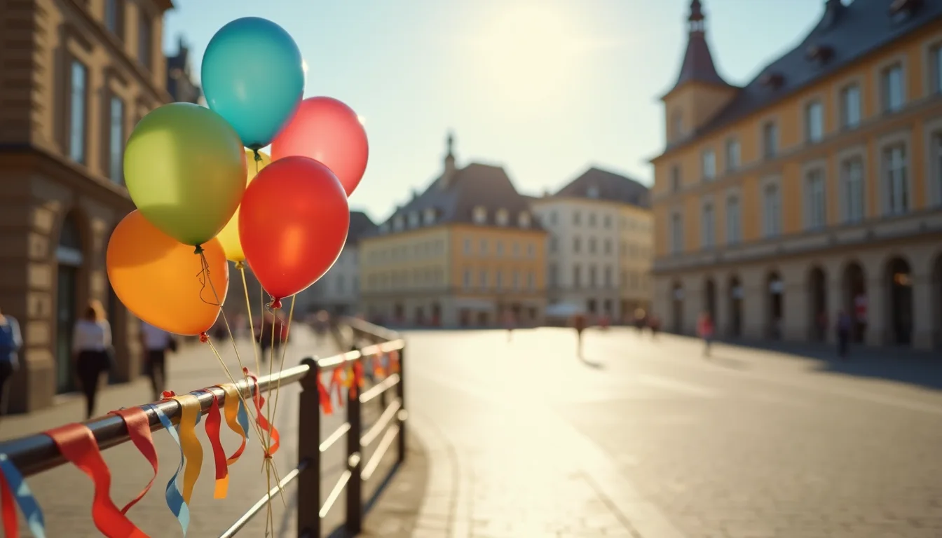 ballons et guirlande de papier sur une barrière de fête ensoleillée a Mulhouse