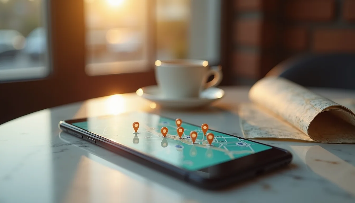 smartphone aux épingles de carte sur une table de café ensoleillée a Mulhouse