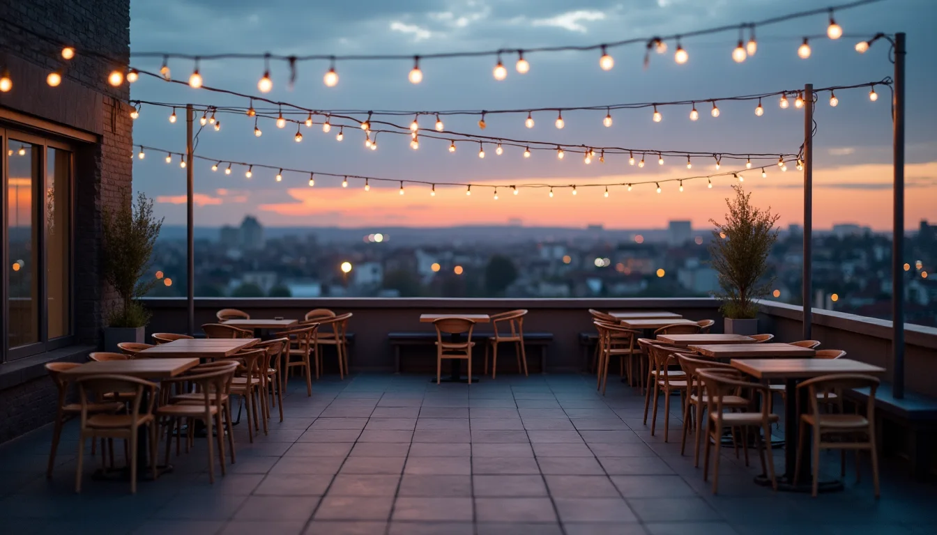 terrasse en rooftop au crépuscule, chaises bistrot et guirlandes face à la skyline a Mulhouse