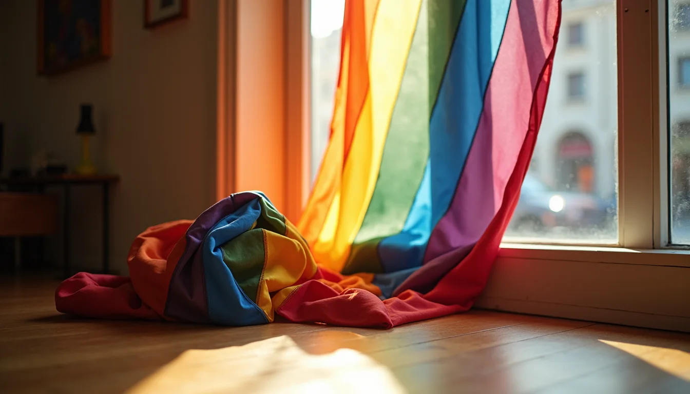 drapeau arc-en-ciel enroulé autour de sa hampe dans un angle, lumière dorée a Mulhouse
