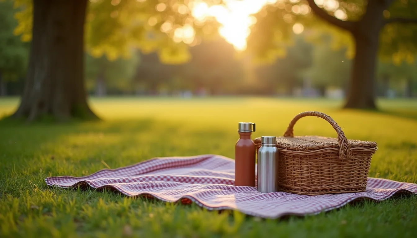 plaid de pique-nique plié, panier tressé et thermos sur l'herbe d'un parc, lumière dorée a Mulhouse