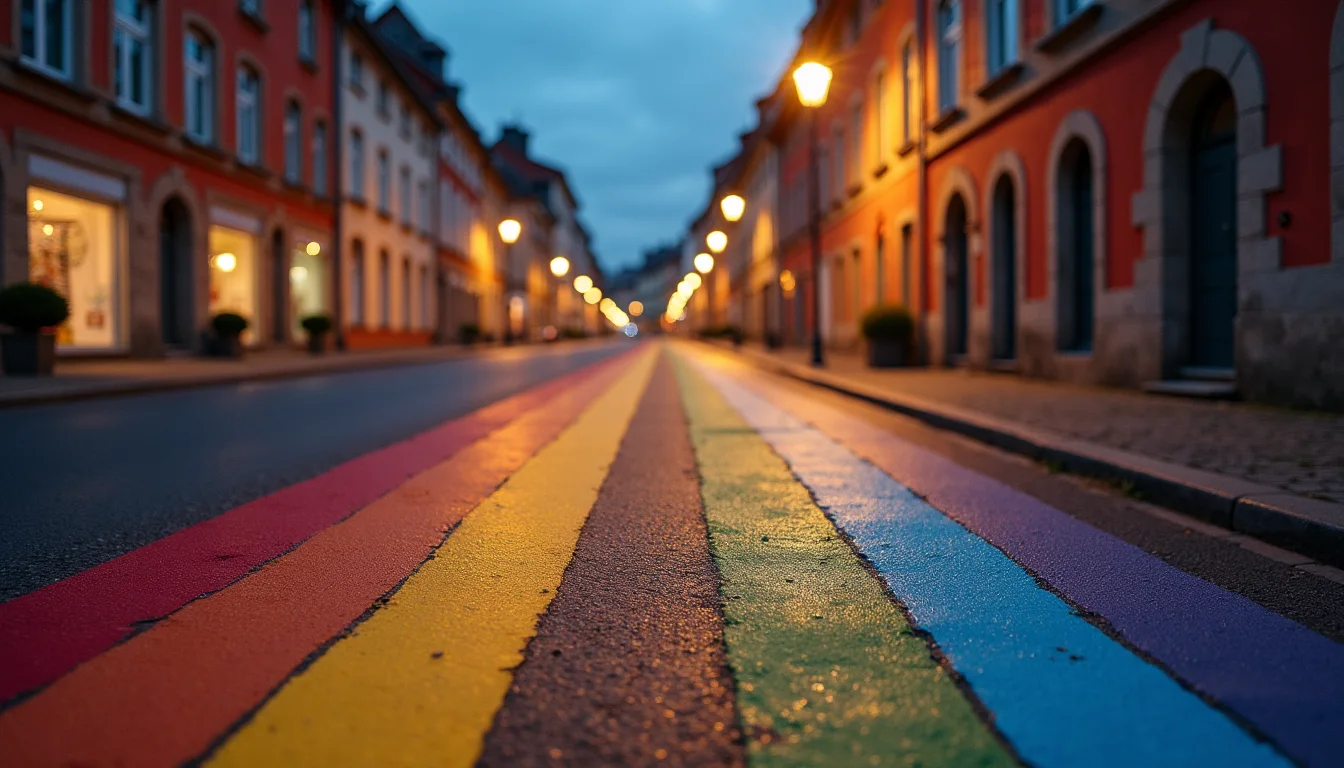 passage piéton arc-en-ciel sur une rue de vieille ville au crépuscule a Mulhouse