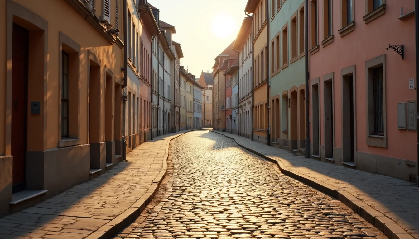 rue paveee bordee de facades pastel, lumiere doree du soir a Mulhouse