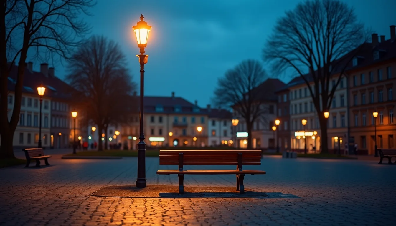banc de parc vide sous un lampadaire de place à l'heure bleue a Mulhouse