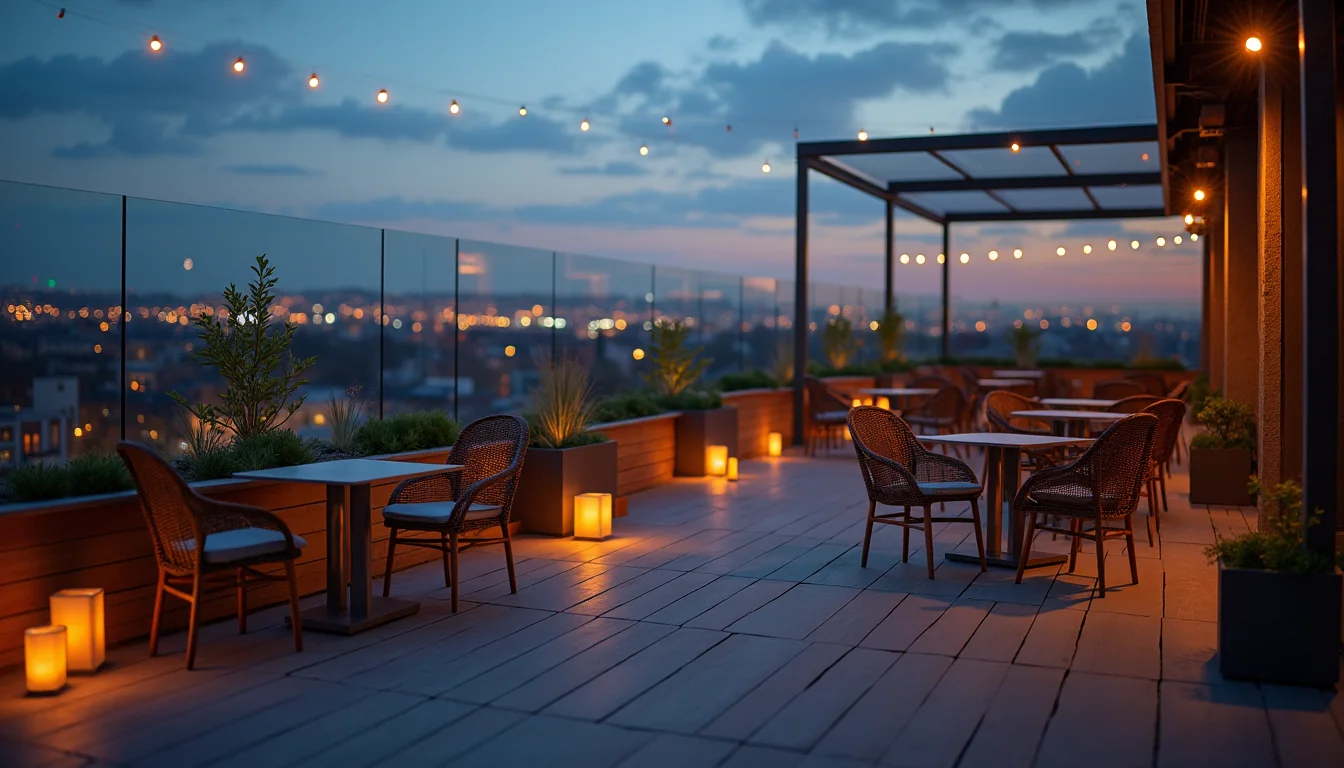 terrasse de bar en rooftop avec fauteuils et plantes au crepuscule a Mulhouse