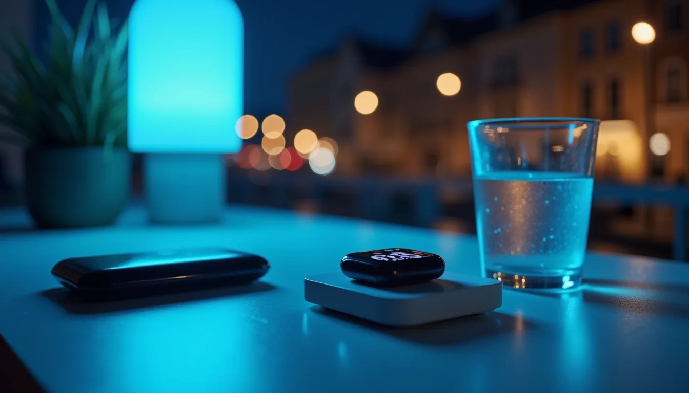montre connectée sur son socle de charge près d'un verre d'eau, lumière bleutée a Mulhouse