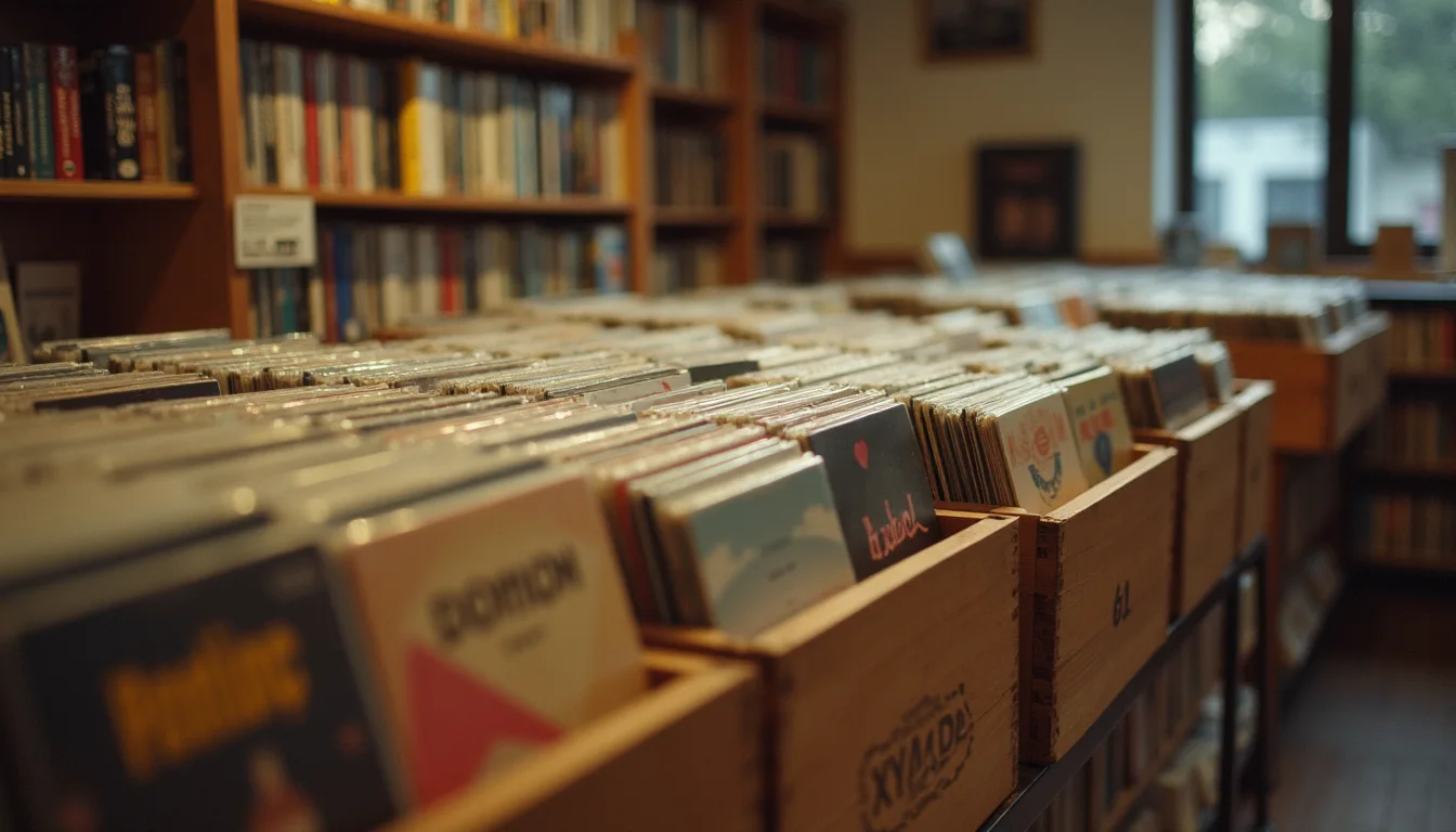 bacs de vinyles dans un disquaire, lumiere tungstene rasante a Mulhouse