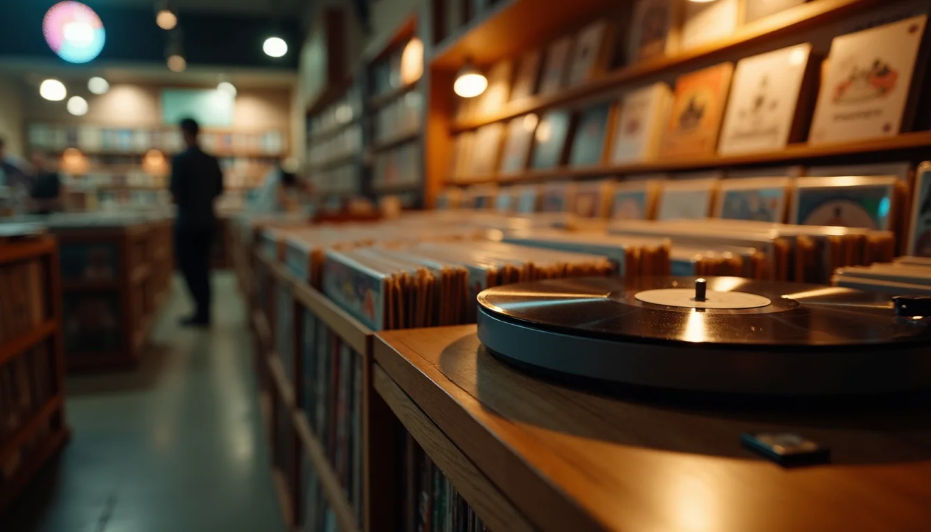 platine vinyle en marche près de bacs de disques dans un disquaire a Mulhouse