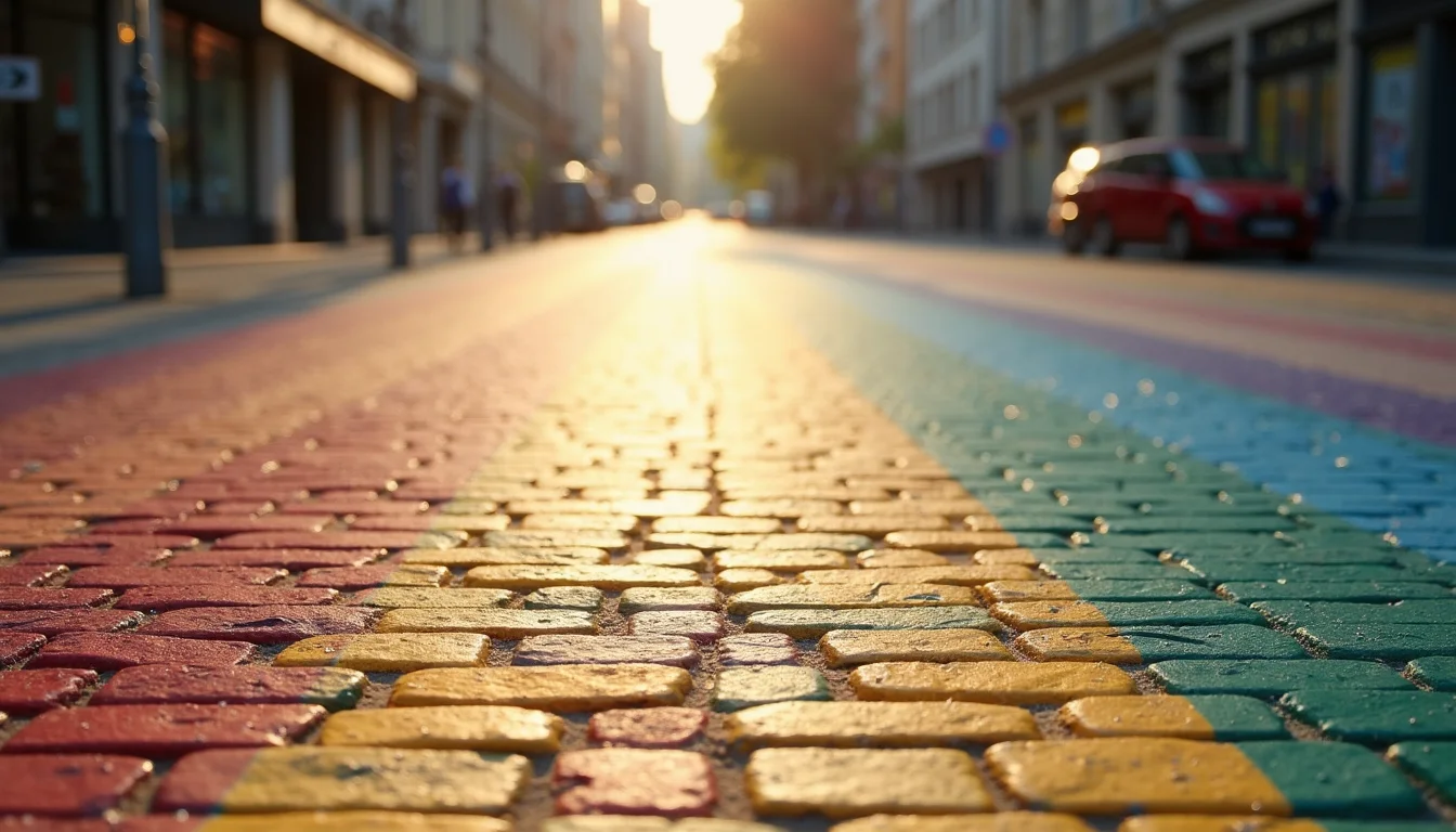 passage piéton arc-en-ciel sur pavés, paillettes scintillant au soleil a Mulhouse