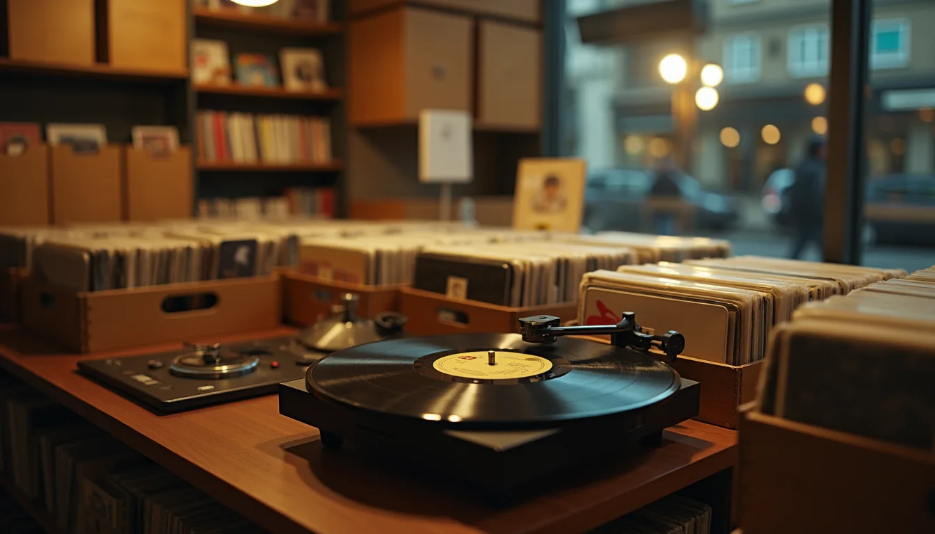 platine vinyle en marche près de bacs de disques dans un disquaire a Mulhouse