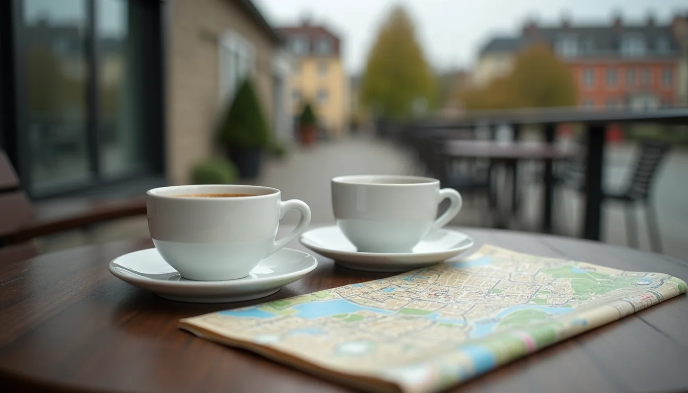 deux espressos sur une terrasse tranquille à côté d'un plan plié, lumière douce a Mulhouse