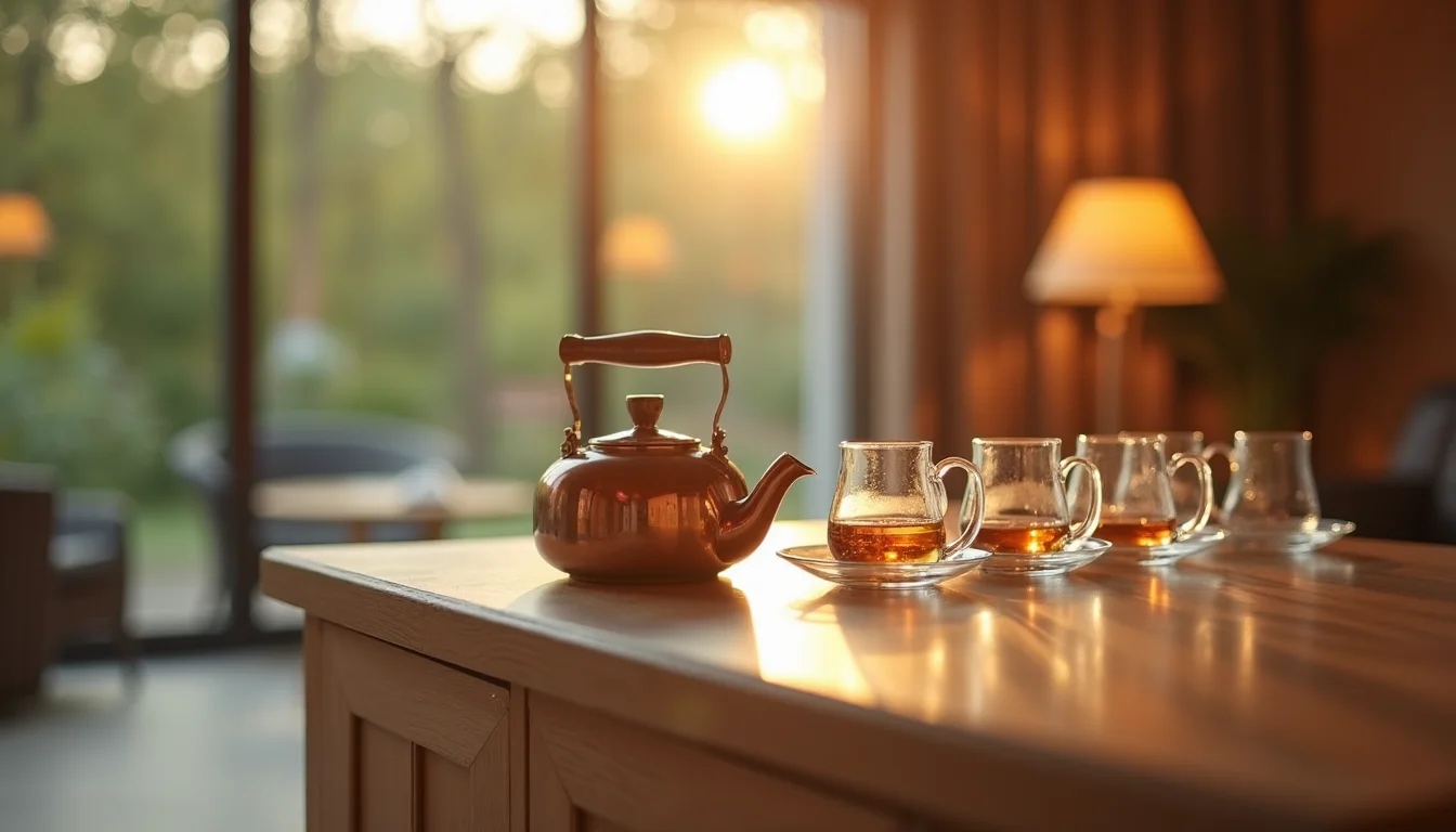 bouilloire en cuivre et tasses en verre dans un salon de detente a Mulhouse