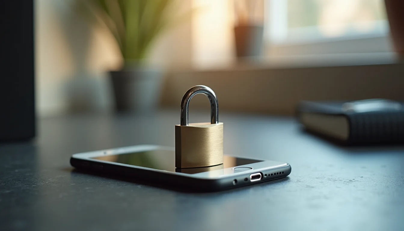 cadenas en acier brossé fermé sur un smartphone face cachée sur ardoise a Mulhouse