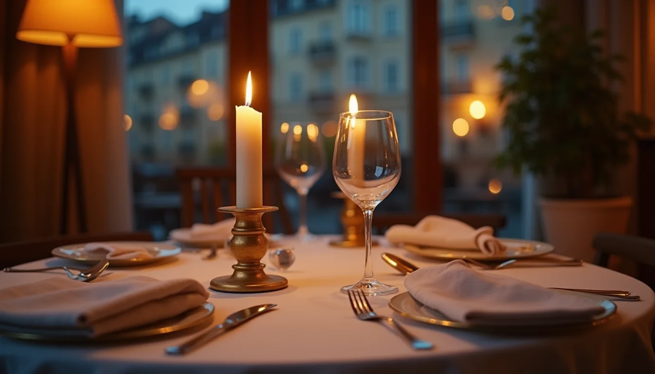 table de dîner aux chandelles dressée pour deux, lumière chaude du soir a Mulhouse