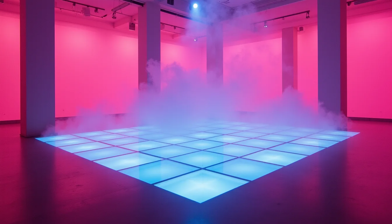 piste de danse au néon, carrés réfléchissants magenta et cyan a Mulhouse