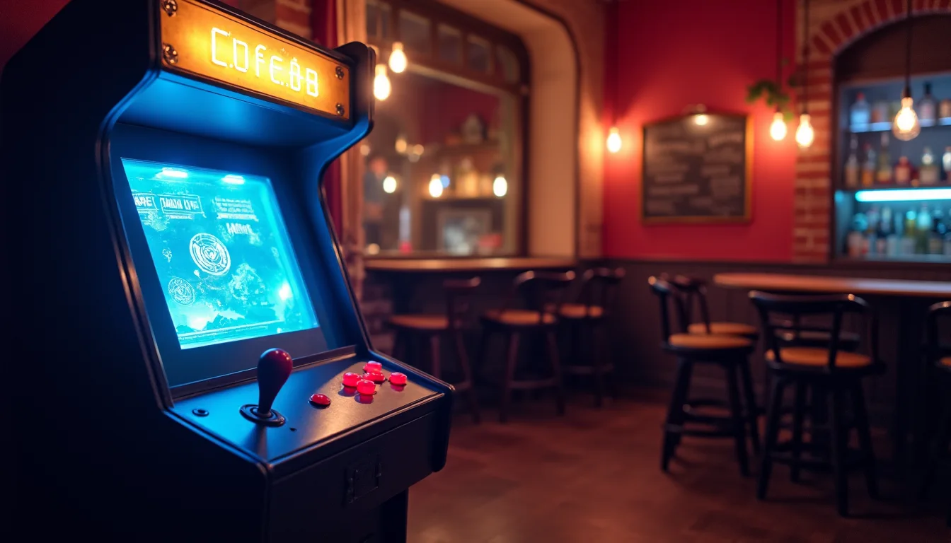 borne d'arcade lumineuse dans un coin de bar, boutons bleu et rouge a Mulhouse
