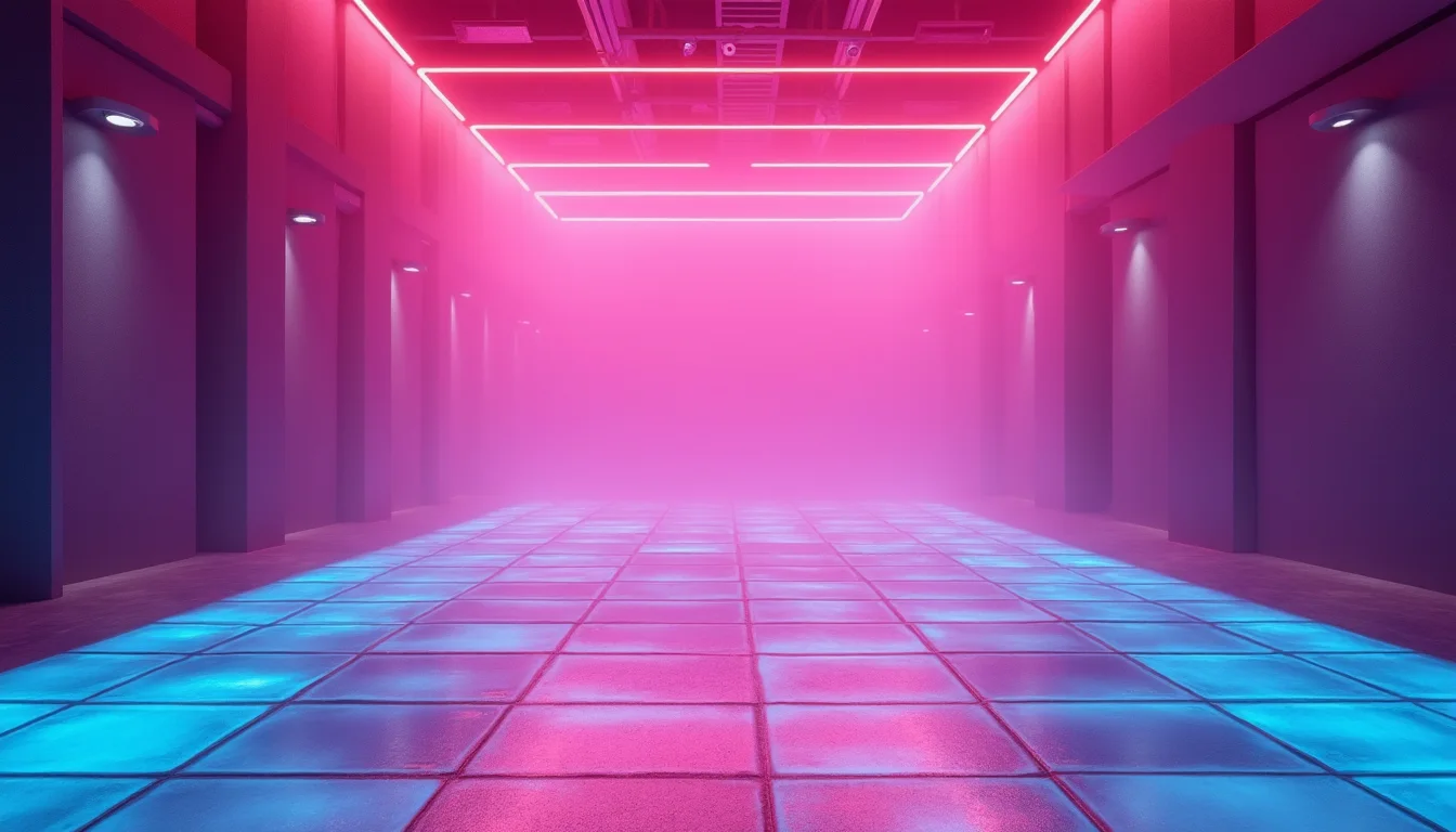 piste de danse au néon, carrés réfléchissants magenta et cyan a Mulhouse