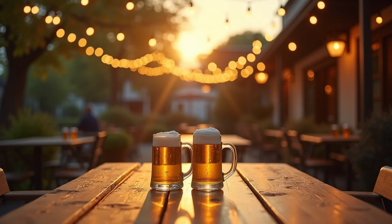 table de terrasse à bière, chopes vides et guirlandes dorées a Mulhouse